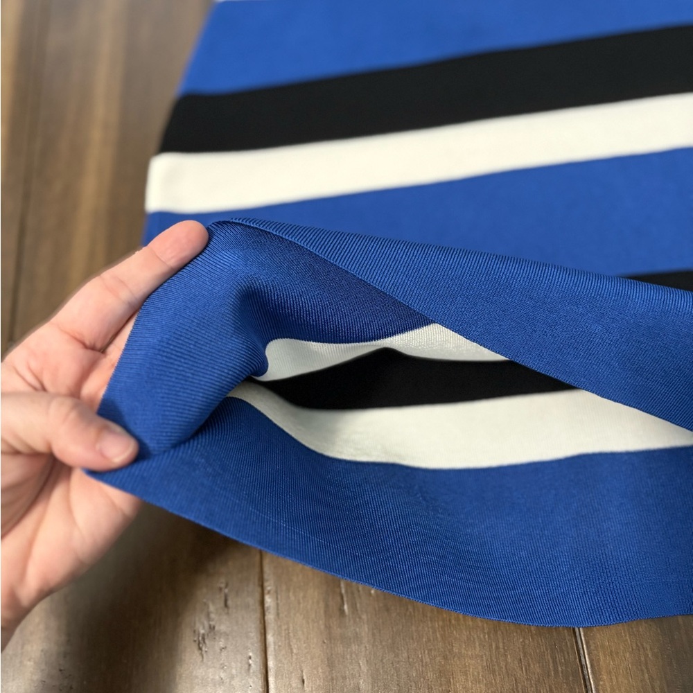 INC Sz S Mini Bodycon Skirt Blue Black & White Striped Stretchy Zip Up High Rise - Picture 6 of 9